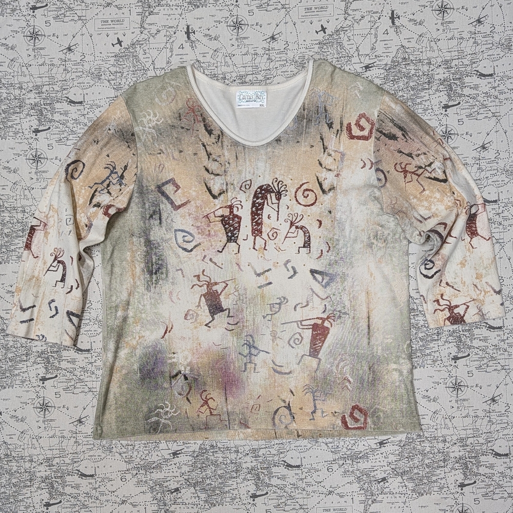 Vintage Y2K Cactus Bay Kokopelli Graphic Tee XXL - Boho Western Art to Wear